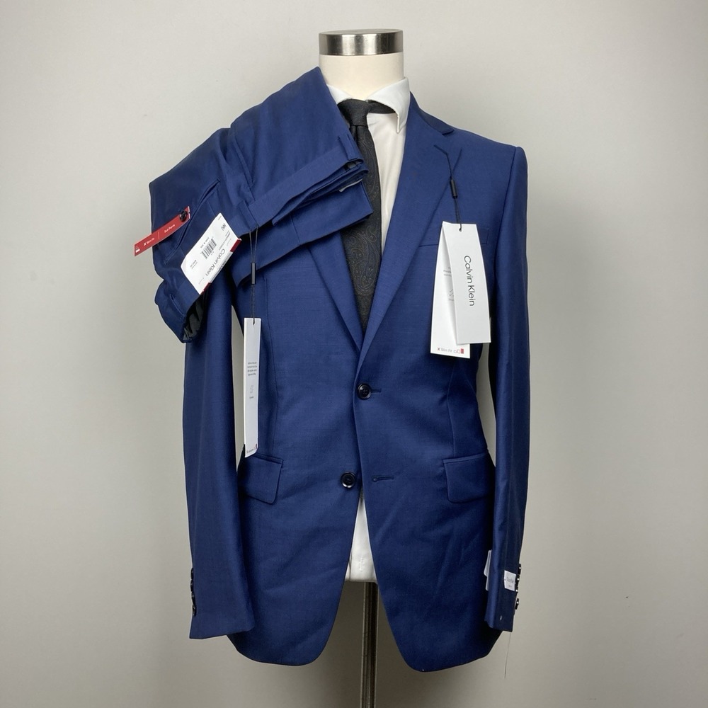 Calvin Klein Men's Slim Fit Wool 2-Pc Suit‎ Jacket 40R Pants 33Wx30L Blue